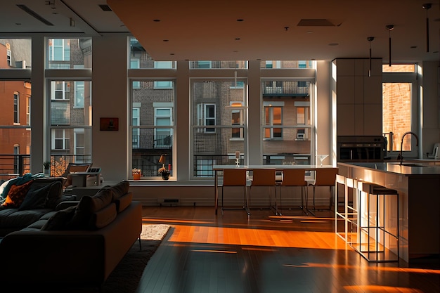 La sala de estar y la cocina bañadas en luz natural