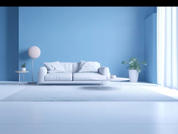 una sala de estar de color azul y blanco junto con una lámpara y un sofá