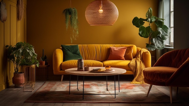 una sala de estar de colores brillantes con un sofá amarillo y una mesa de café con ai generativo