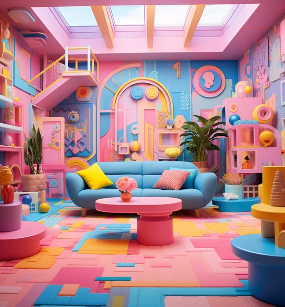 sala de estar de colores brillantes con un sofá azul y una mesa de café rosa con ai generativo