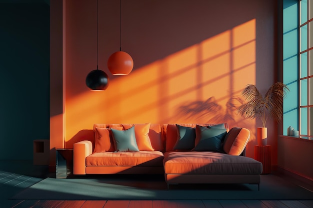 Sala de estar de colores vibrantes y minimalistas