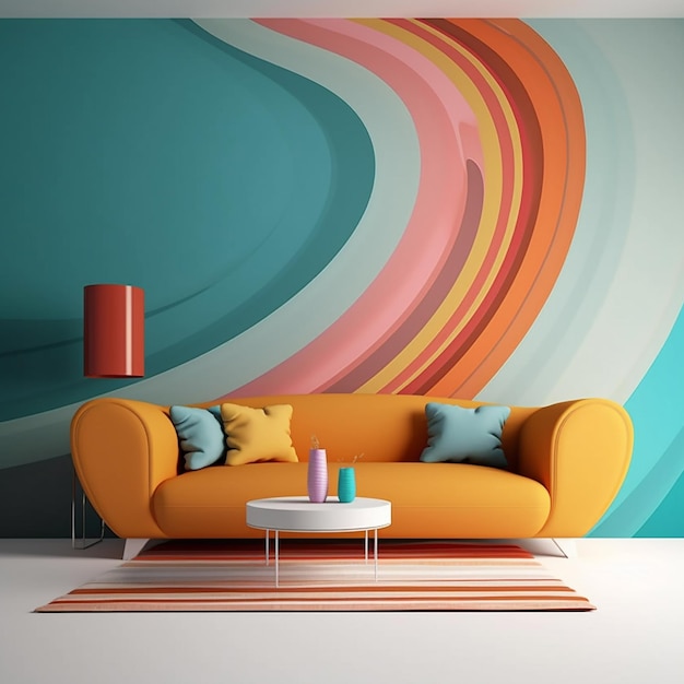 una sala de estar colorida con una pared colorida y un sofá con un fondo colorido
