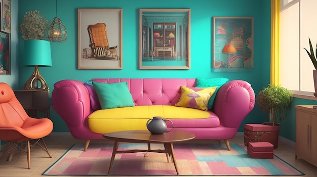 Sala de estar colorida vintage de renderizado 3d con estilo retro