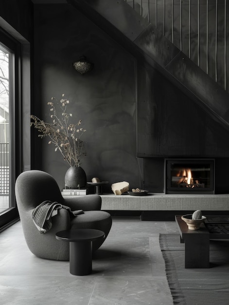 La sala de estar combina comodidad con diseño moderno con una silla de peluche y una chimenea elegante Los elementos naturales y una paleta monocromática crean un espacio tranquilo para la relajación y la contemplación
