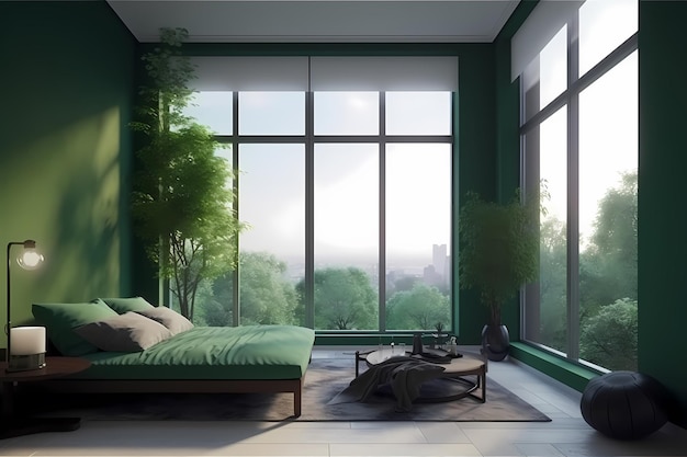 sala de estar concepto verde elegante con ventana grande Generado ai