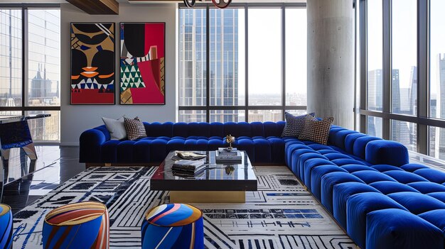 Sala de estar contemporánea con colores audaces sofá modular en colores azul cobalto patrones gráficos cojín de piso