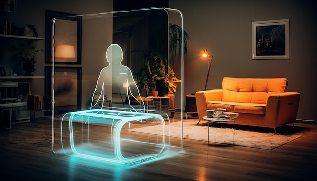 Foto en una sala de estar contemporánea hay una silla transparente que levita para resaltar el contraste de colores