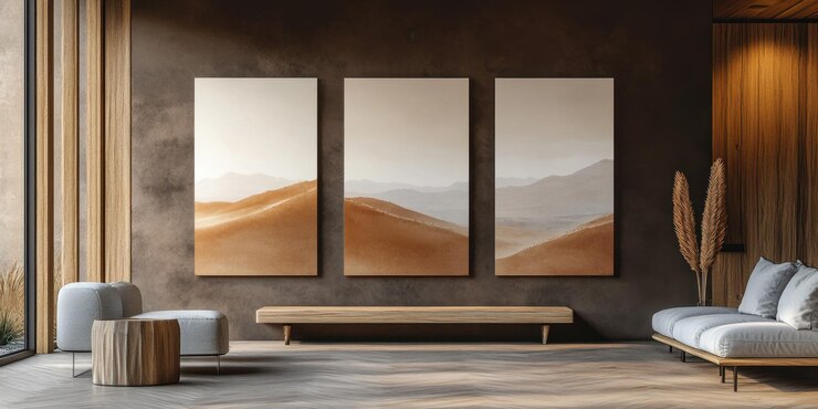 Sala de estar contemporánea con obras de arte con vistas a las montañas