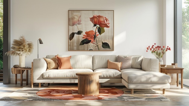 Sala de estar contemporánea con pintura de rosas marco de arte de ilustración imagen generada por IA