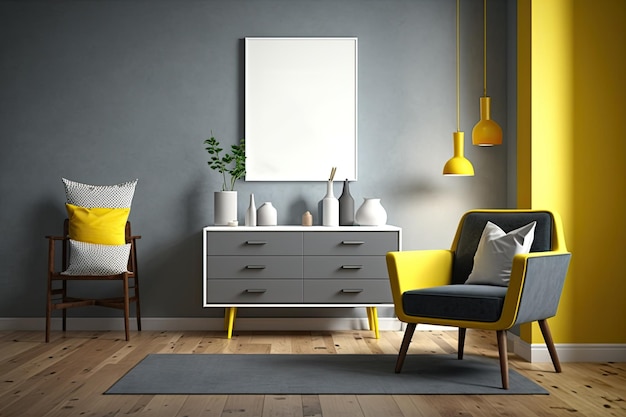 Sala de estar contemporánea con suelo de madera, paredes grises, sofás amarillos y azules.