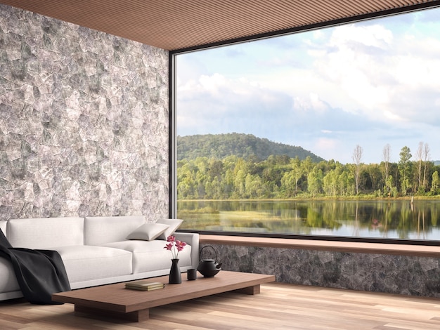 Sala de estar contemporánea con vista al lago 3d render