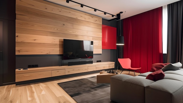 Una sala de estar con una cortina roja y un televisor en la pared.