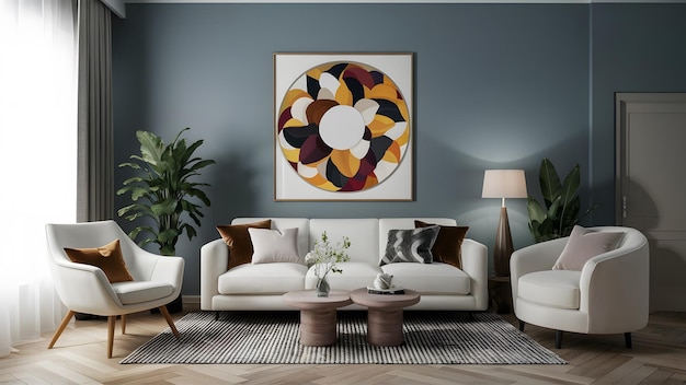 una sala de estar con un cuadro colorido en la pared