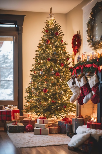 Sala de estar decorada para Navidad con chimenea árbol de Navidad y adornos de Navidad