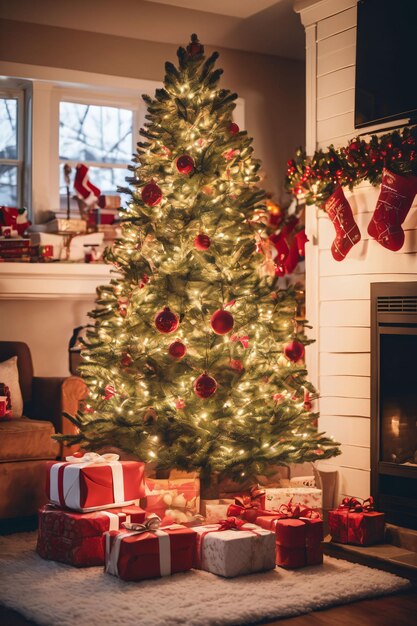 Sala de estar decorada para Navidad con chimenea árbol de Navidad y adornos de Navidad