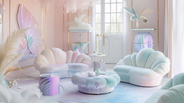 Una sala de estar decorada en tonos pastel con muebles inspirados en hadas Generative Ai