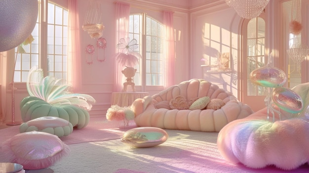 Una sala de estar decorada en tonos pastel con muebles inspirados en hadas suave peluche AI generativo