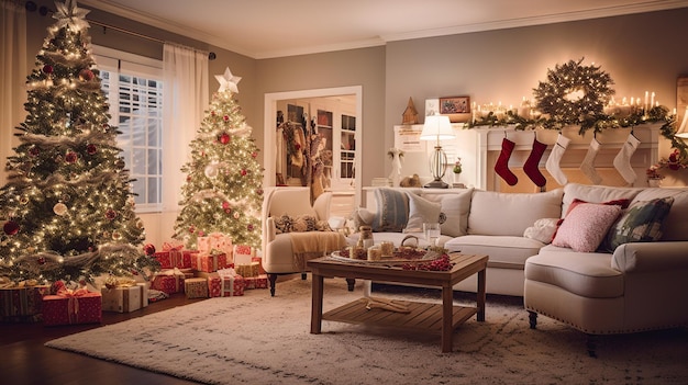 Una sala de estar decorada para las vacaciones cristianas occidentales con un árbol de navidad y regalos.