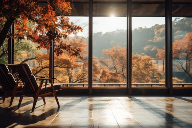 Sala de estar dentro de un apartamento en el bosque grandes ventanas de vidrio