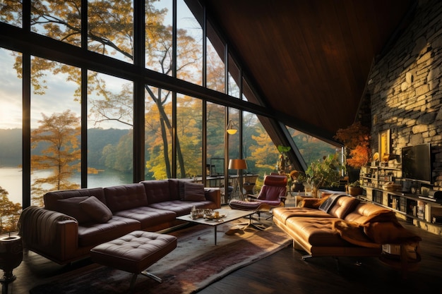 Sala de estar dentro de un apartamento en el bosque grandes ventanas de vidrio