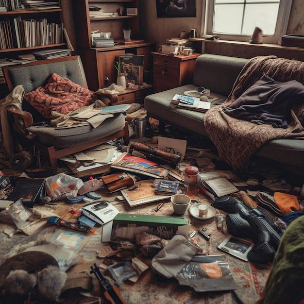 Una sala de estar desordenada con un libro en el suelo y un sofá con un libro encima.