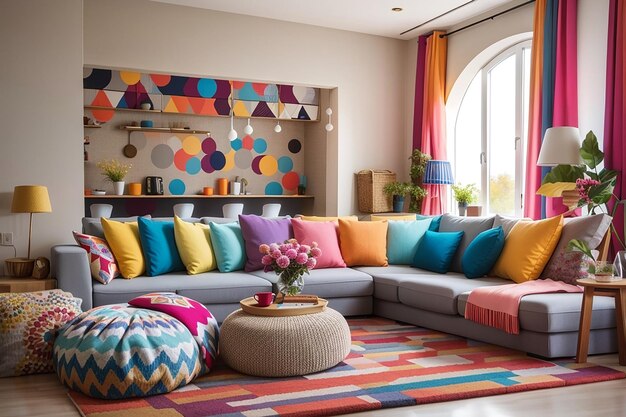 Sala de estar diseñada con almohadas de colores horizontales