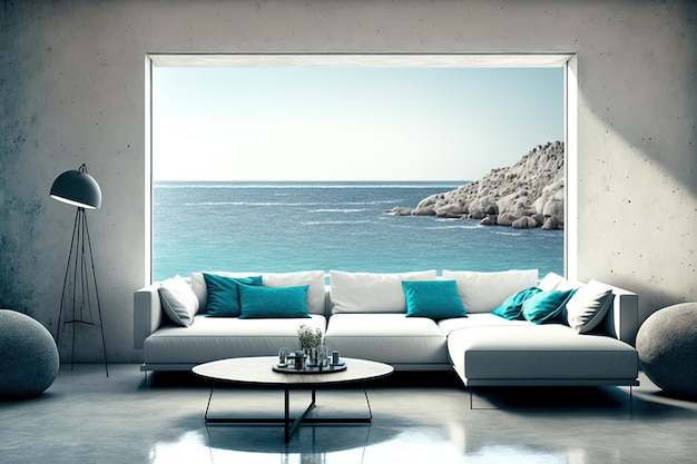 Sala de estar de diseño interior moderno con fondo de pared de hormigón y vistas al mar en verano