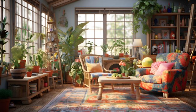 una sala de estar ecléctica boho chic con una mezcla de patrones coloridos muebles vintage