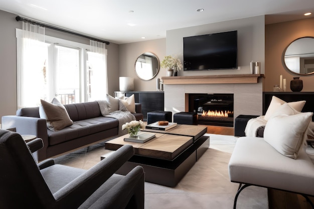 Foto sala de estar elegante y cómoda con chimenea con asientos lujosos y toques modernos