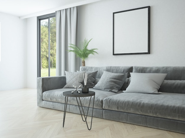 Sala de estar elegante moderna con cortina de ventana de la mesa de café del sofá