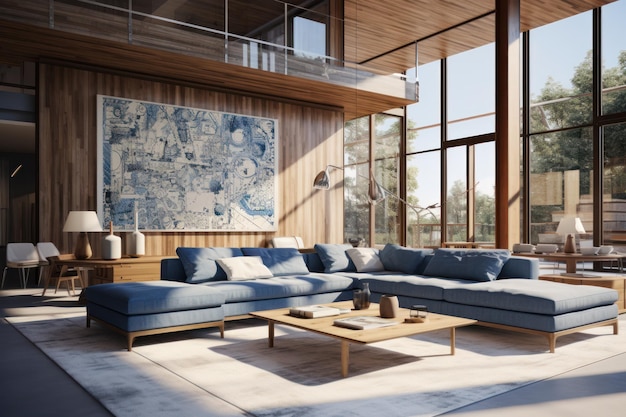 Foto sala de estar elegante con muebles de diseño decoración moderna de habitación brillante maqueta de cartel de pared de la sala de estar una sala de estar elegante y lujosa con un cómodo sofá azul elegante