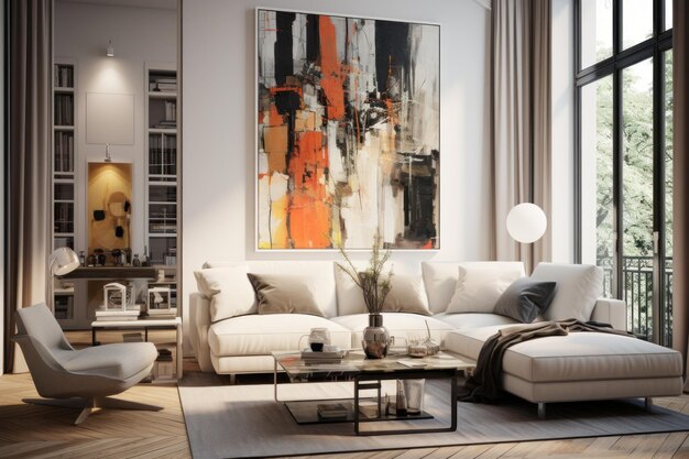 Sala de estar elegante con muebles de diseño Decoración moderna de habitación brillante Maqueta de cartel de pared de la sala de estar Una sala de estar elegante y lujosa con un cómodo sofá y sillón elegante