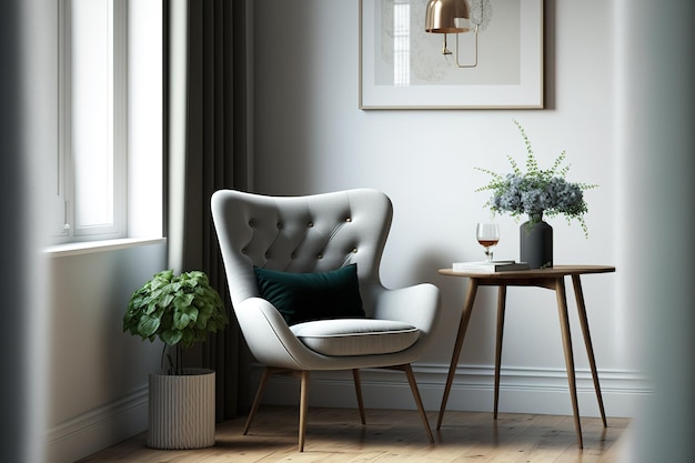 Una sala de estar elegante con una silla acogedora y una mesa de madera cerca de una pared blanca Espacio para texto