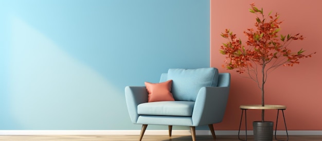 Sala de estar elegante y simple con sillón azul pared de coral y suelo de madera