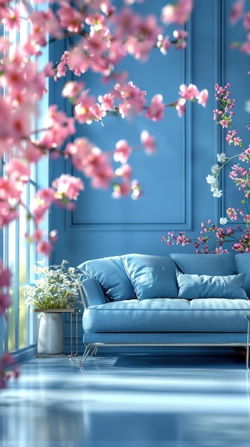 Sala de estar elegante con sofá azul y flores rosas