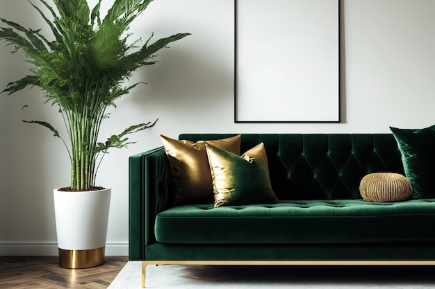Una sala de estar elegante con un sofá de terciopelo verde, una mesa de centro dorada y una planta.