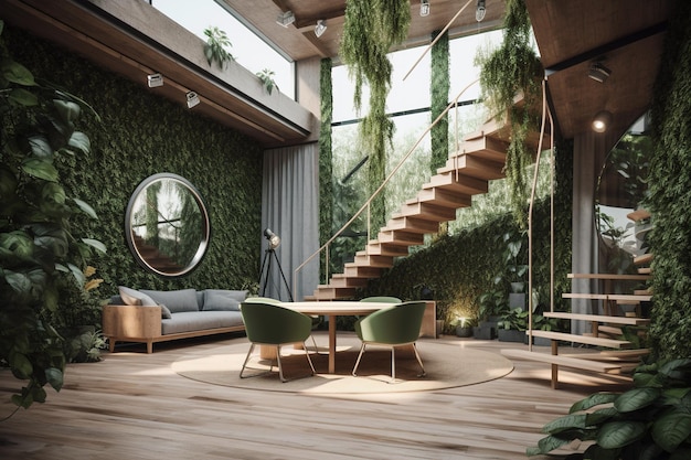 Foto una sala de estar con una escalera y una pared verde con plantas.