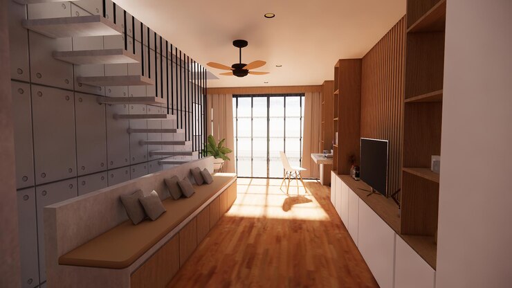 Una sala de estar con una escalera y un televisor.