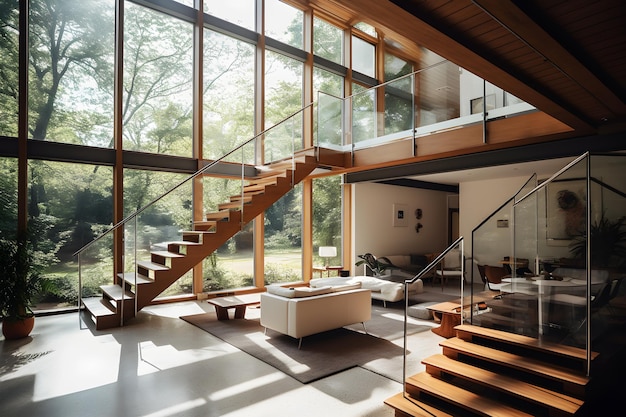 Una sala de estar con una escalera y una ventana grande