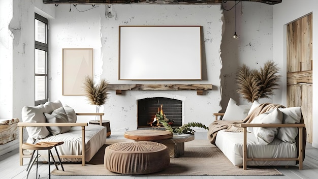 Foto sala de estar escandinava con chimenea muebles minimalistas y maqueta de marco en blanco concepto sala de estar de diseño escandinavo inspo decoración de chimenea muebles minimalistas maqueta de marco en blanco