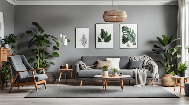 Sala de estar escandinava elegante con muebles y acentos decorativos Idea para el diseño del hogar