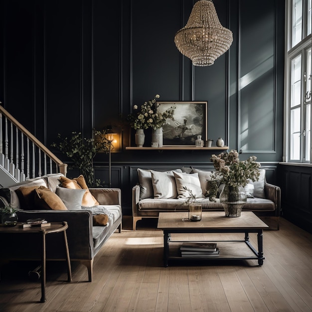 Sala de estar escandinava luminosa y aireada con mesa de madera y sofá y paredes oscuras expuestas