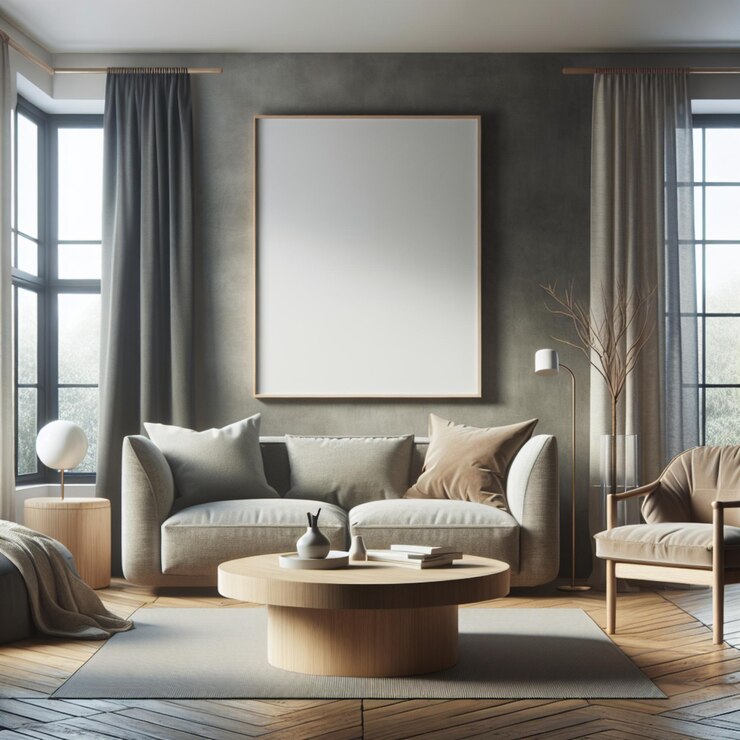 Sala de estar escandinava con mesa de café de madera redonda, sofá y marco de póster de maqueta en blanco