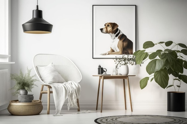 Foto una sala de estar escandinava y moderna con un taburete de madera, una moderna lámpara de mesa, una cesta de ratán