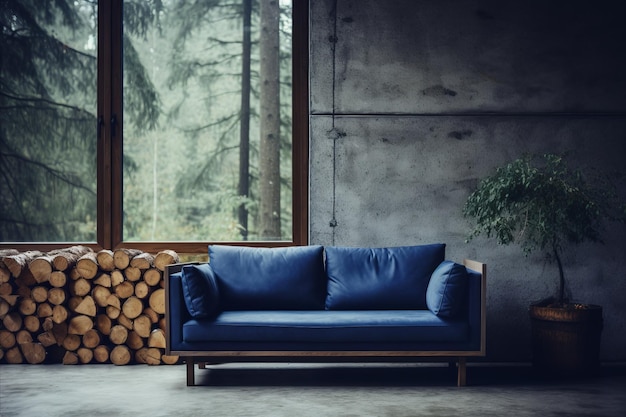 Sala de estar escandinava moderna con ventana de sofá azul y decoración de pared de sección transversal de árbol