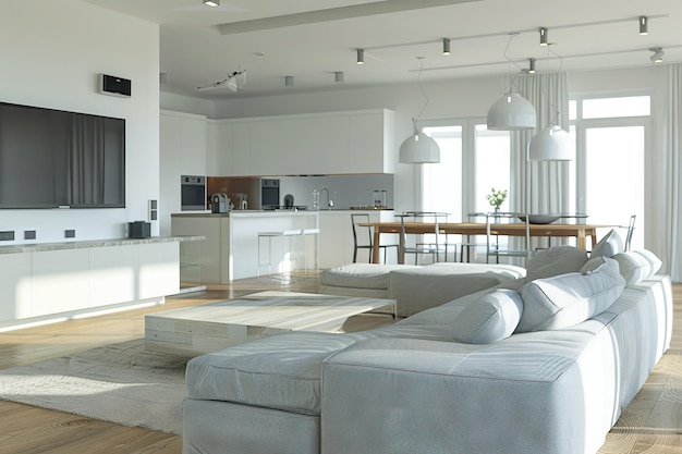 Sala de estar de espacio abierto con mesa de comedor de cocina y sofá gris