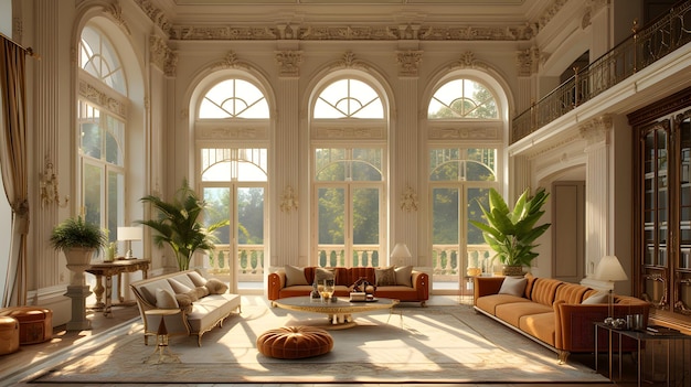 Una sala de estar de estilo alemán con detalles dorados ornamentados, grandes ventanas y muebles de felpa