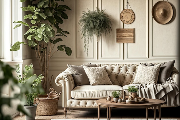 Sala de estar de estilo antiguo en tonos beige con alfombras de sofá y mesas de almohadas con plantas decorativas y una mesa o estante de madera con botellas de palitos perfumados encima