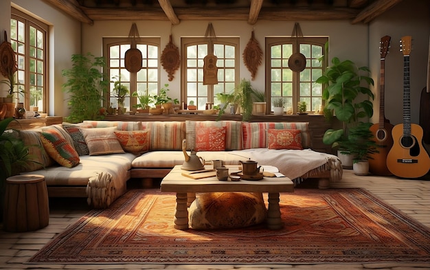 Sala de estar de estilo boho con gran sofá suave diferentes almohadas flores mesa ventanas de madera