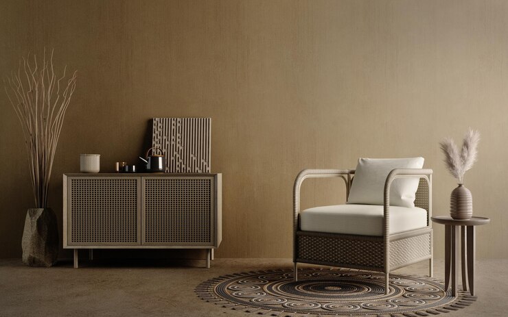 Sala de estar de estilo boho marrón con silla de mimbre y jarrón en fondo oscuro de la pared